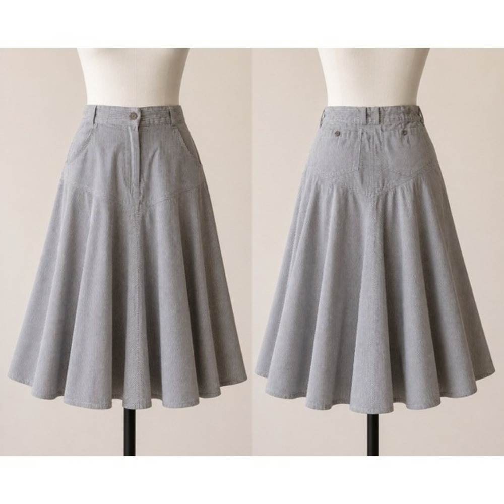 Together! Vintage Grey Striped Cotton Midi Skirt Western Yoke Flare Womens 8M